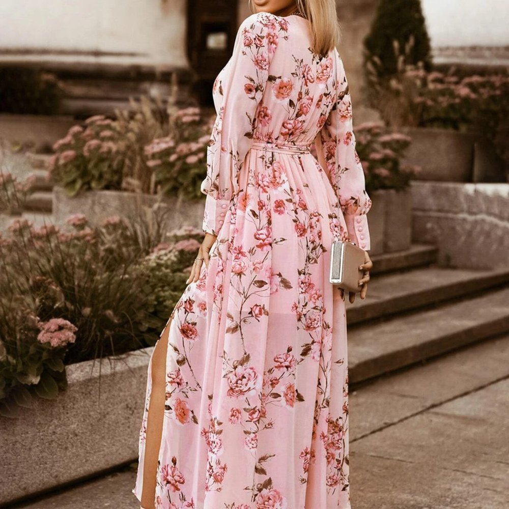 Floral Print Long Sleeved Split Thigh Maxi  Dress Pink - Picture 2 of 7